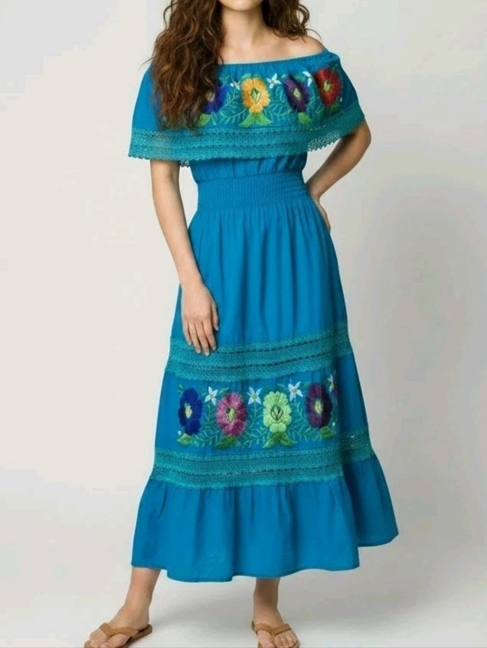 Vtg Turquoise Embroidered Mexican Off Shoulder Dress L-XL Floral Peasant Summer